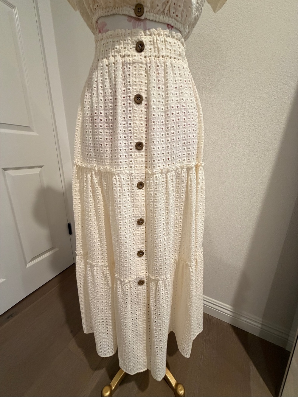 Eberjey Cream Eyelet Tiered Button-Front Maxi Skirt